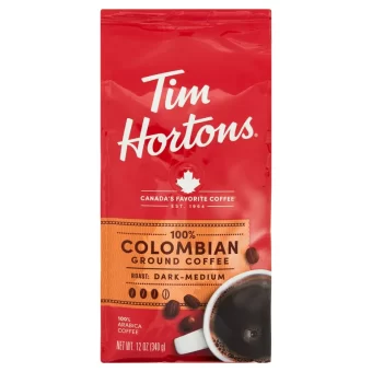 Tim Hortons 100% Colombian, Medium-Dark Roast, Ground Coffee, 12 oz Bag